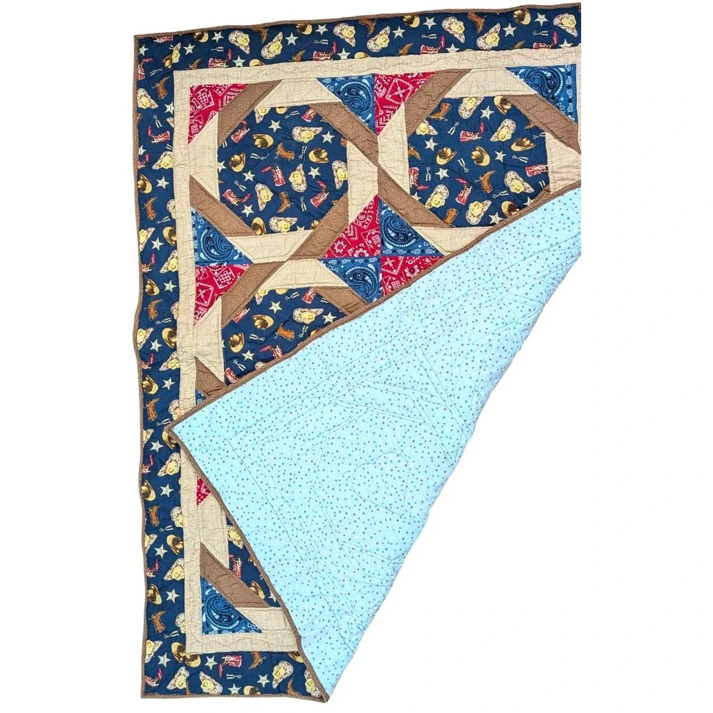 Handmade Western Cowboy Patchwork Quilt Navy Blue Red Bandana Nursery 36x47